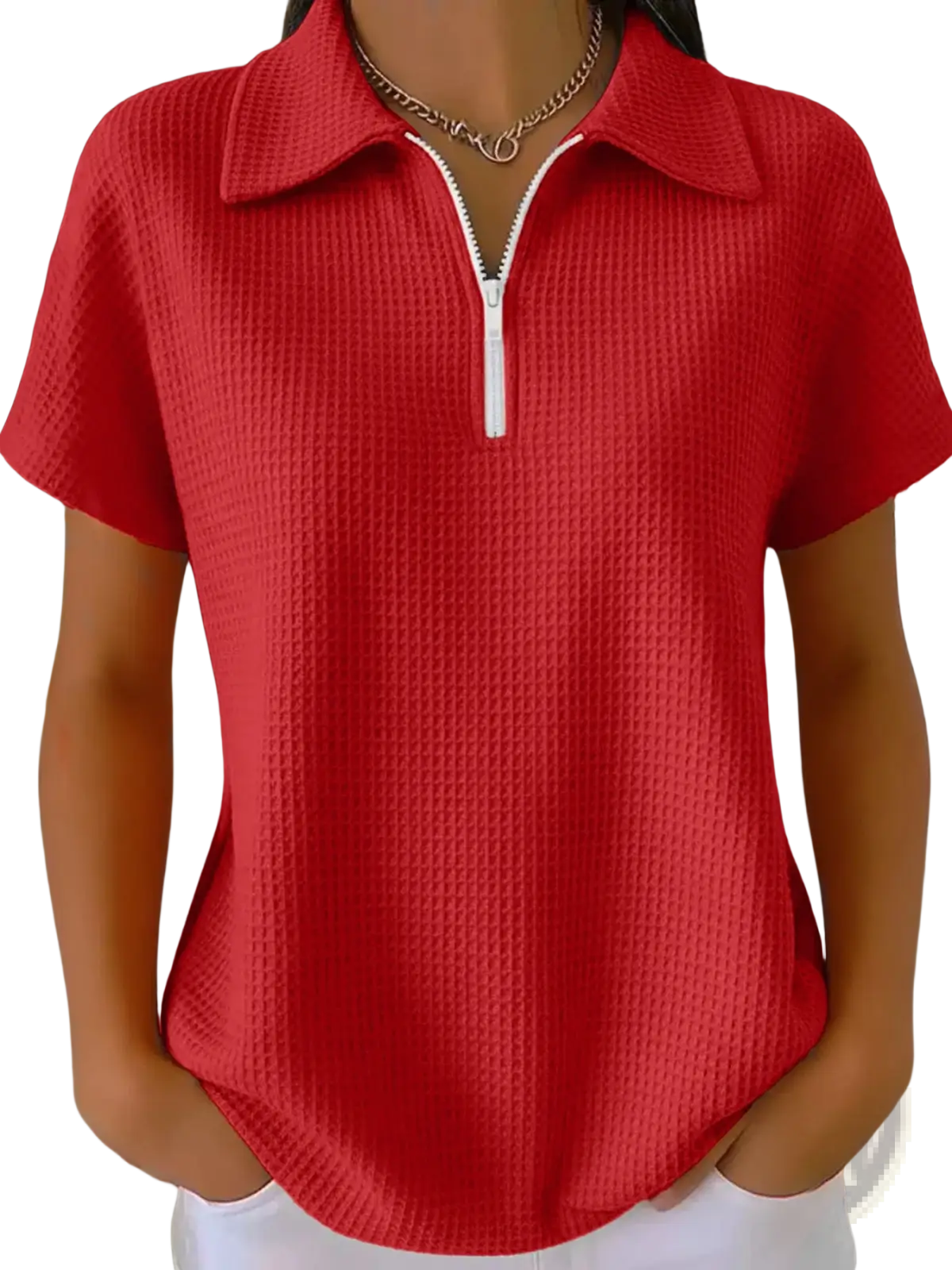 Waffle Knit Half Zip Short Sleeve Polo Shirt