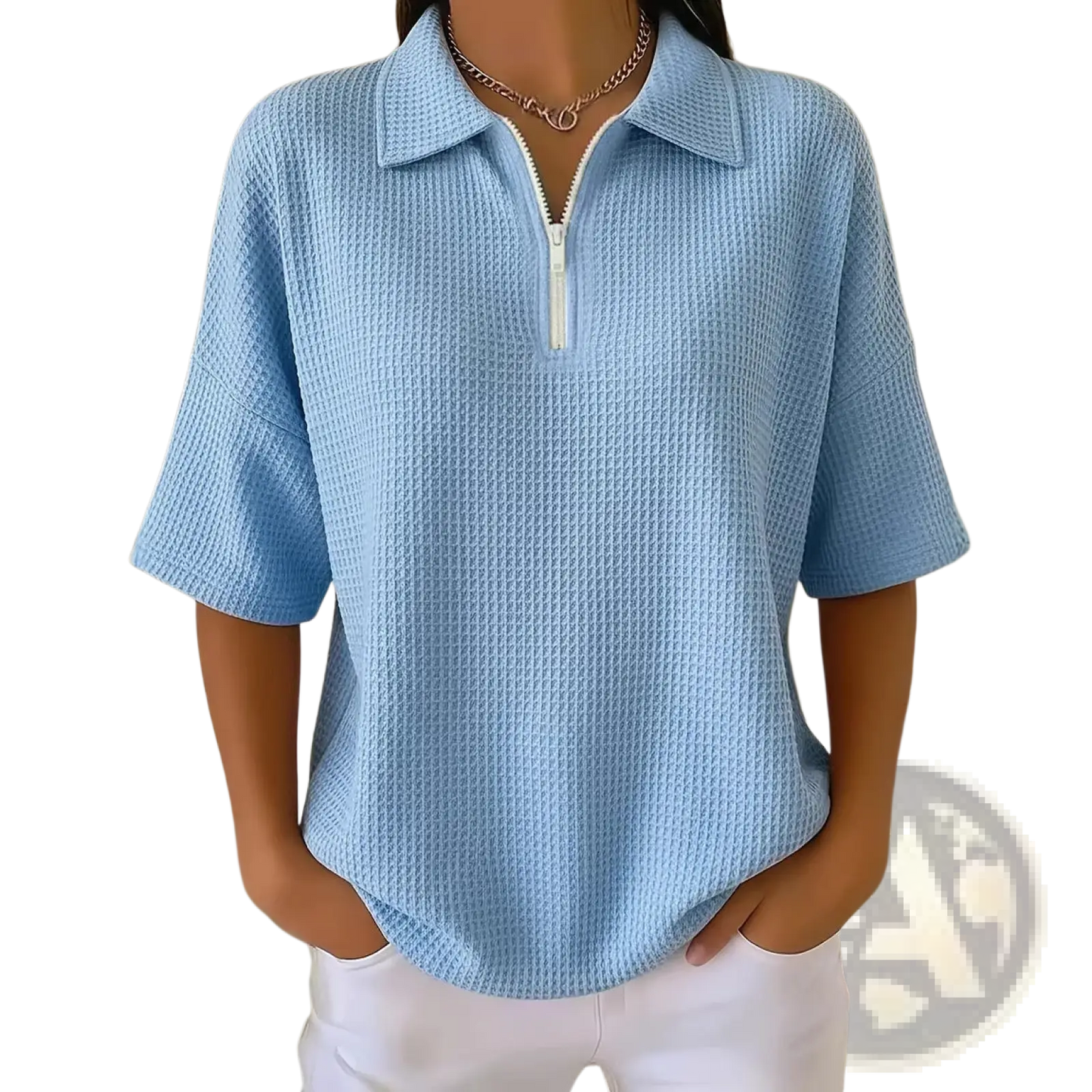Waffle Knit Half Zip Short Sleeve Polo Shirt