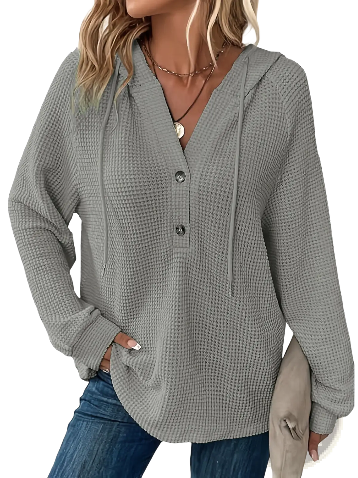 Waffle Knit v Neck Button Front Hoodie