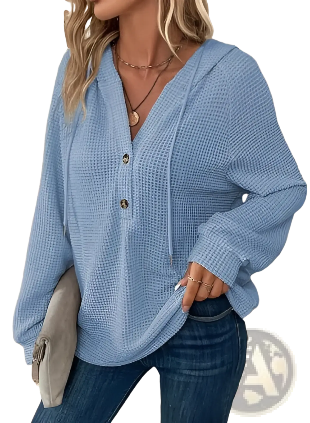 Waffle Knit v Neck Button Front Hoodie