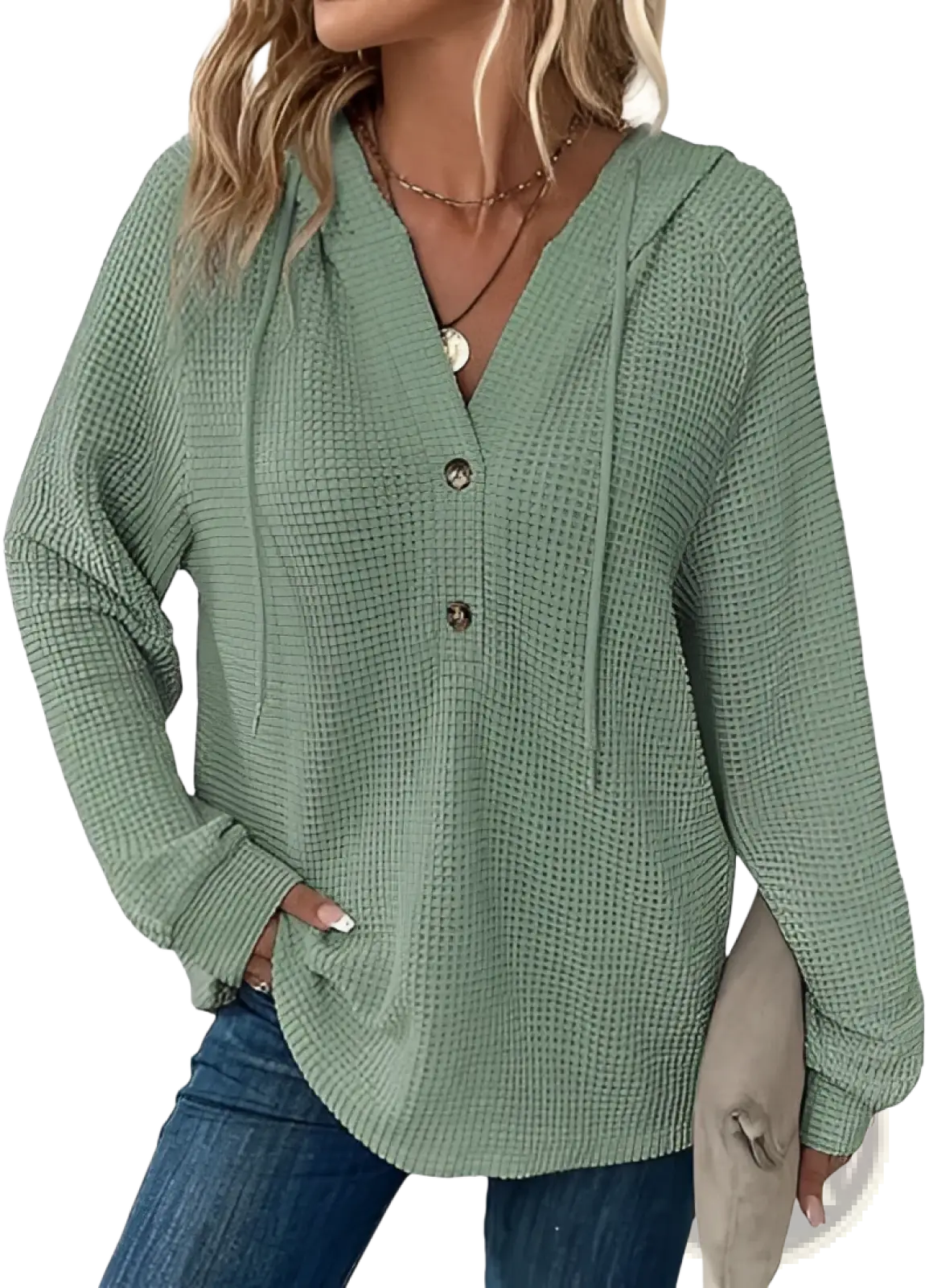 Waffle Knit v Neck Button Front Hoodie