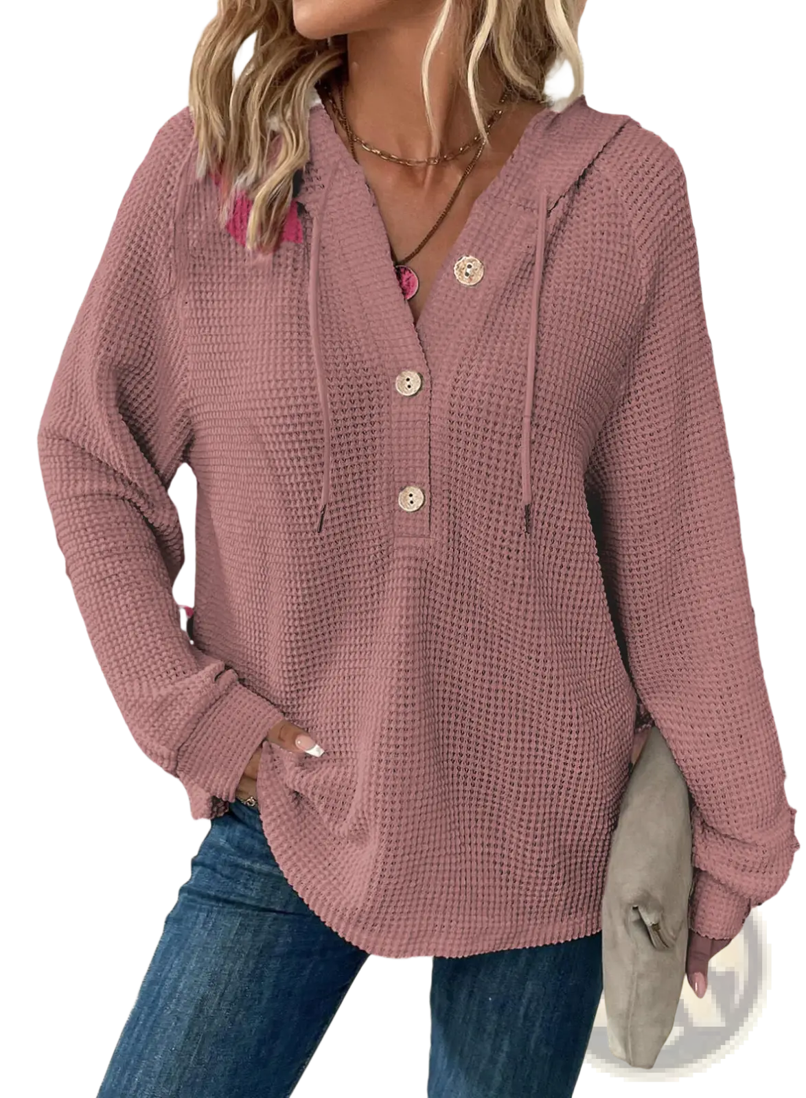 Waffle Knit v Neck Button Front Hoodie