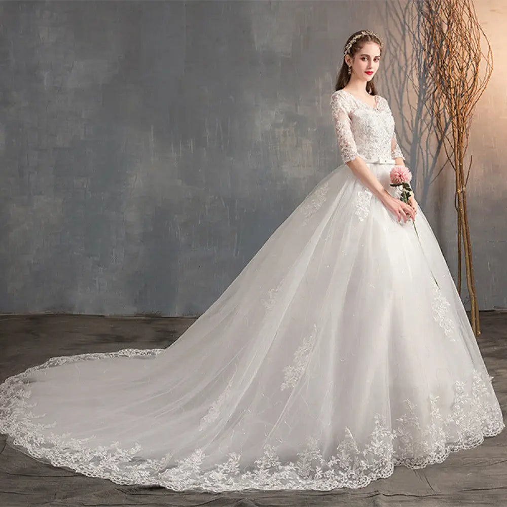 Lace v Neck High Waist Wedding Dress with Trailing Sleeves