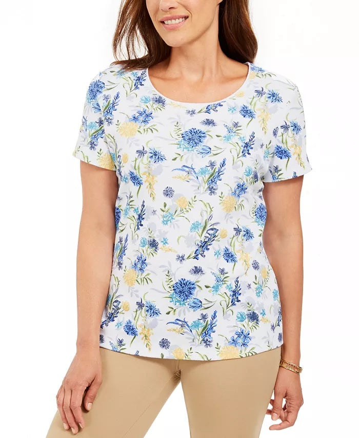 Camiseta feminina Karen Scott com estampa de gola redonda, branca, tamanho pequeno