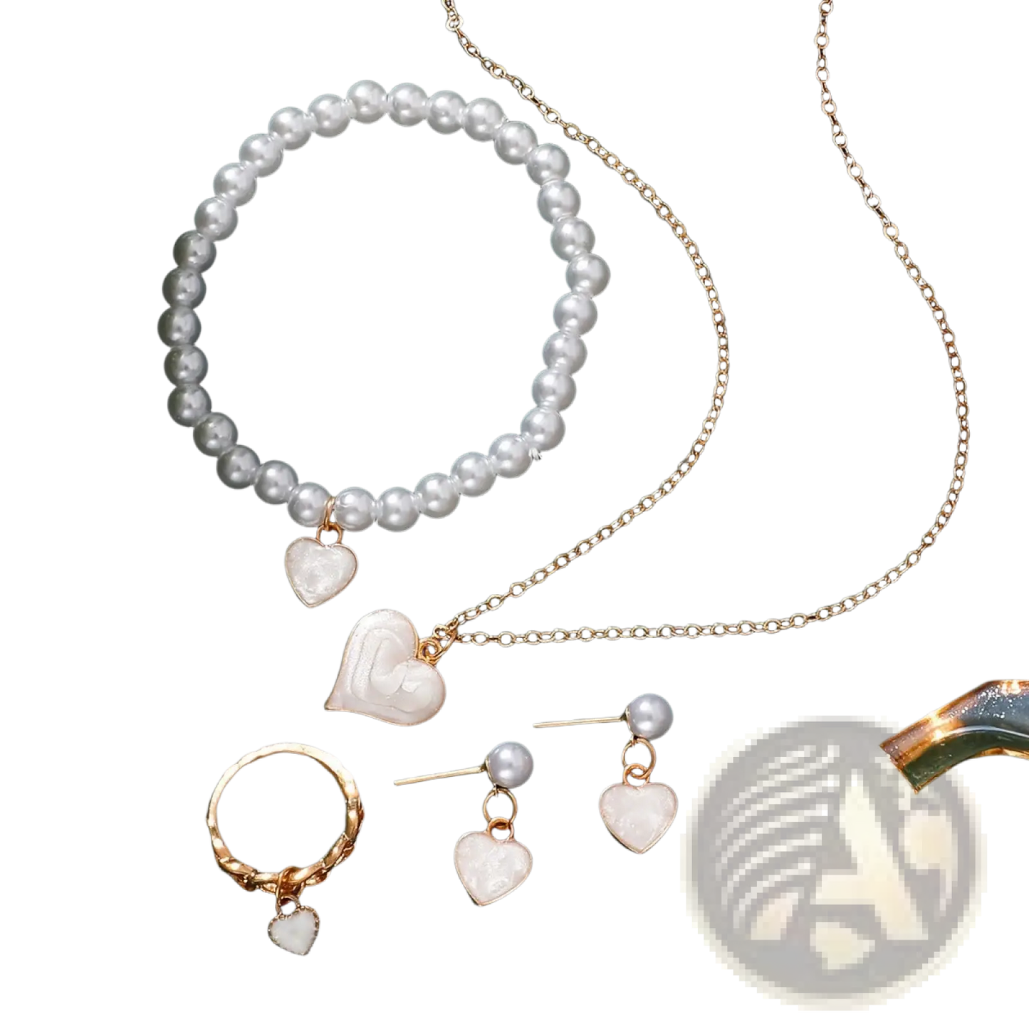 White Heart and Pearl Gold Jewelry Four Piece Set