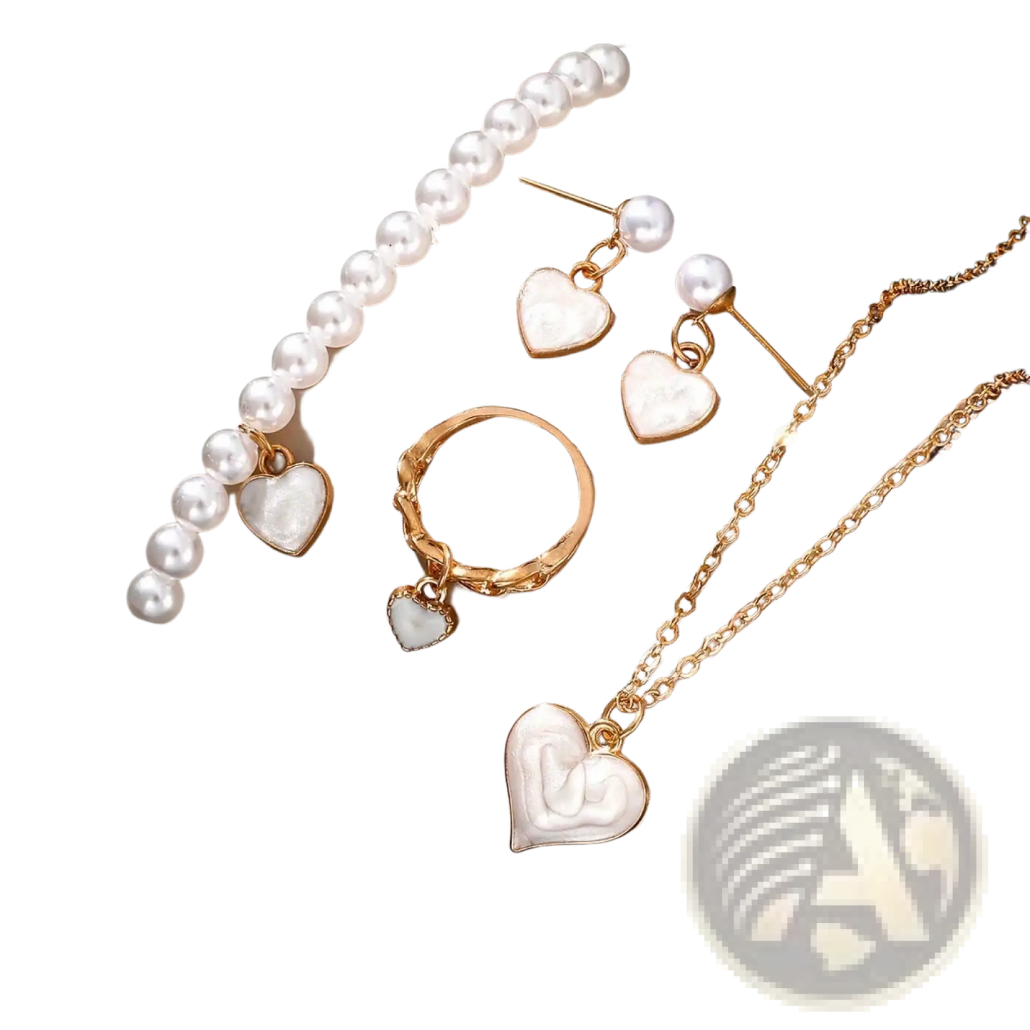 White Heart and Pearl Gold Jewelry Four Piece Set