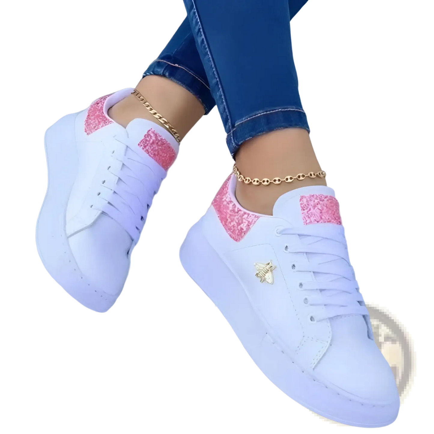 White Platform Sneakers with Bee and Glitter Accents