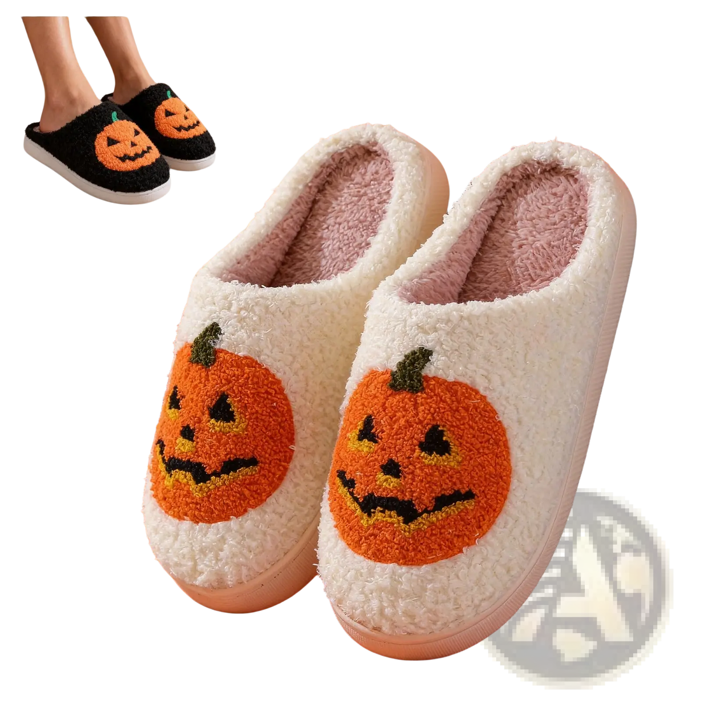 White Plush Jack-o-lantern Embroidered Halloween Slippers