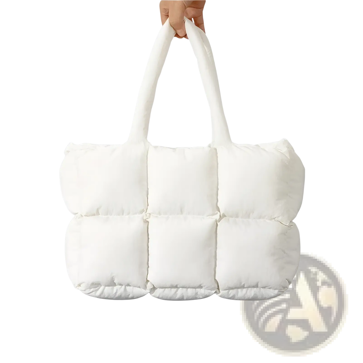 White Quilted Puffer Tote Bag Soft Cotton Handbag
