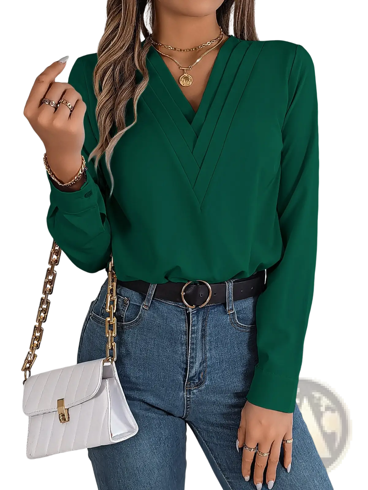 White Satin v Neck Wrap Blouse with Black Trim