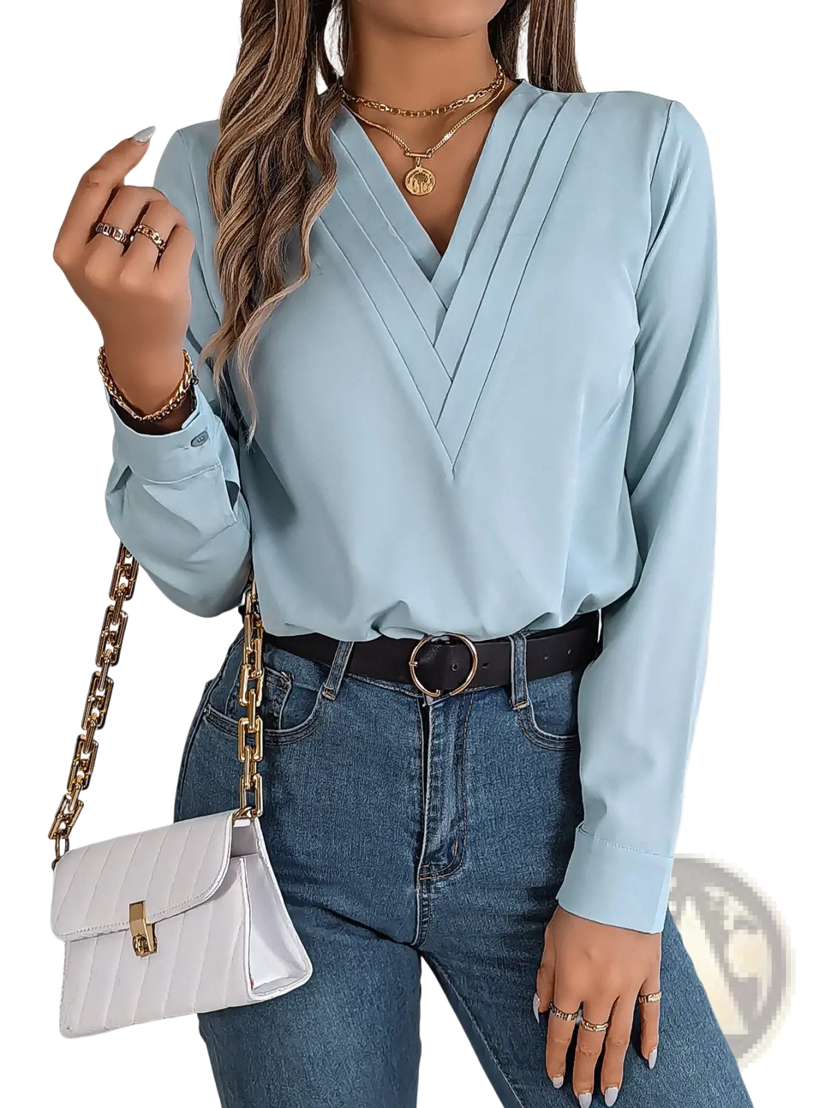 White Satin v Neck Wrap Blouse with Black Trim
