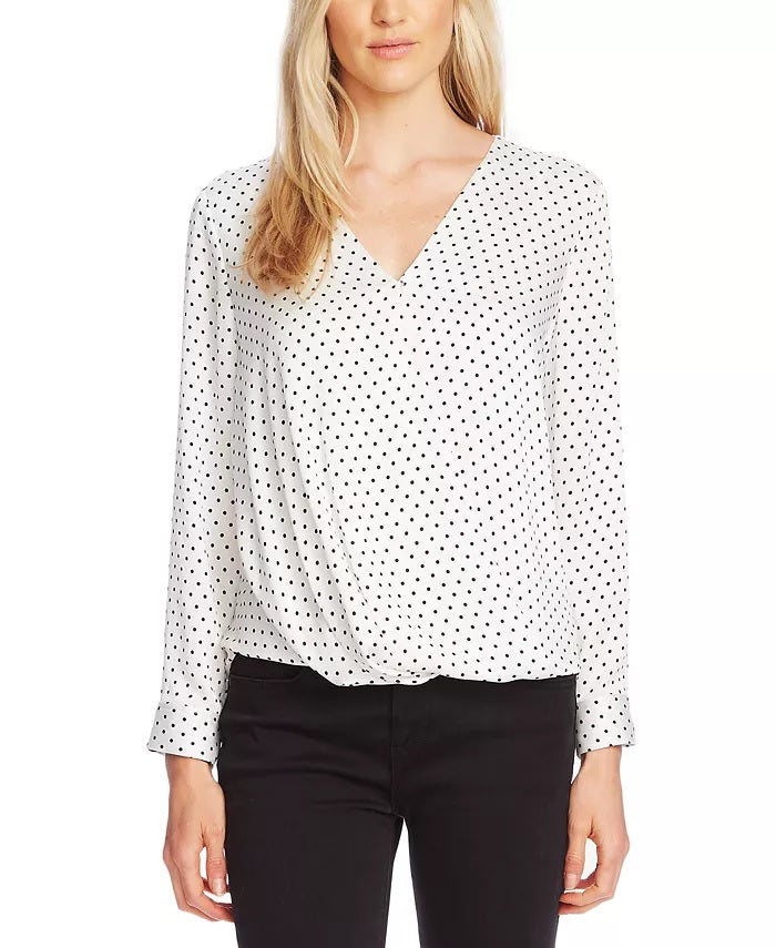Blusa feminina Vince Camuto Fiesta Dot Wrap Front Manga Longa Cetim Martelado Branco Tamanho X-G