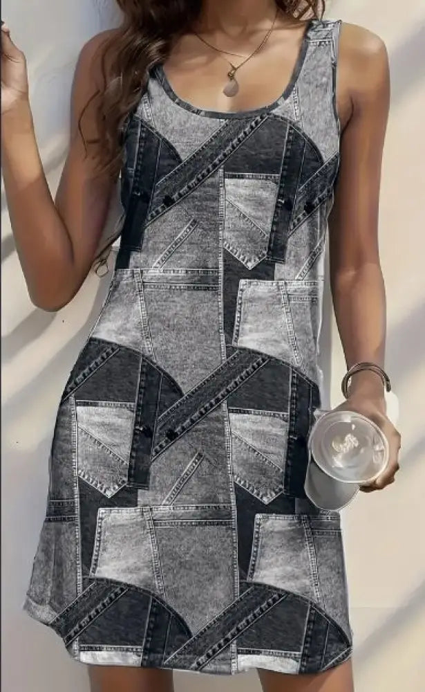 Women's Patchwork Denim Cutout Mini Dress