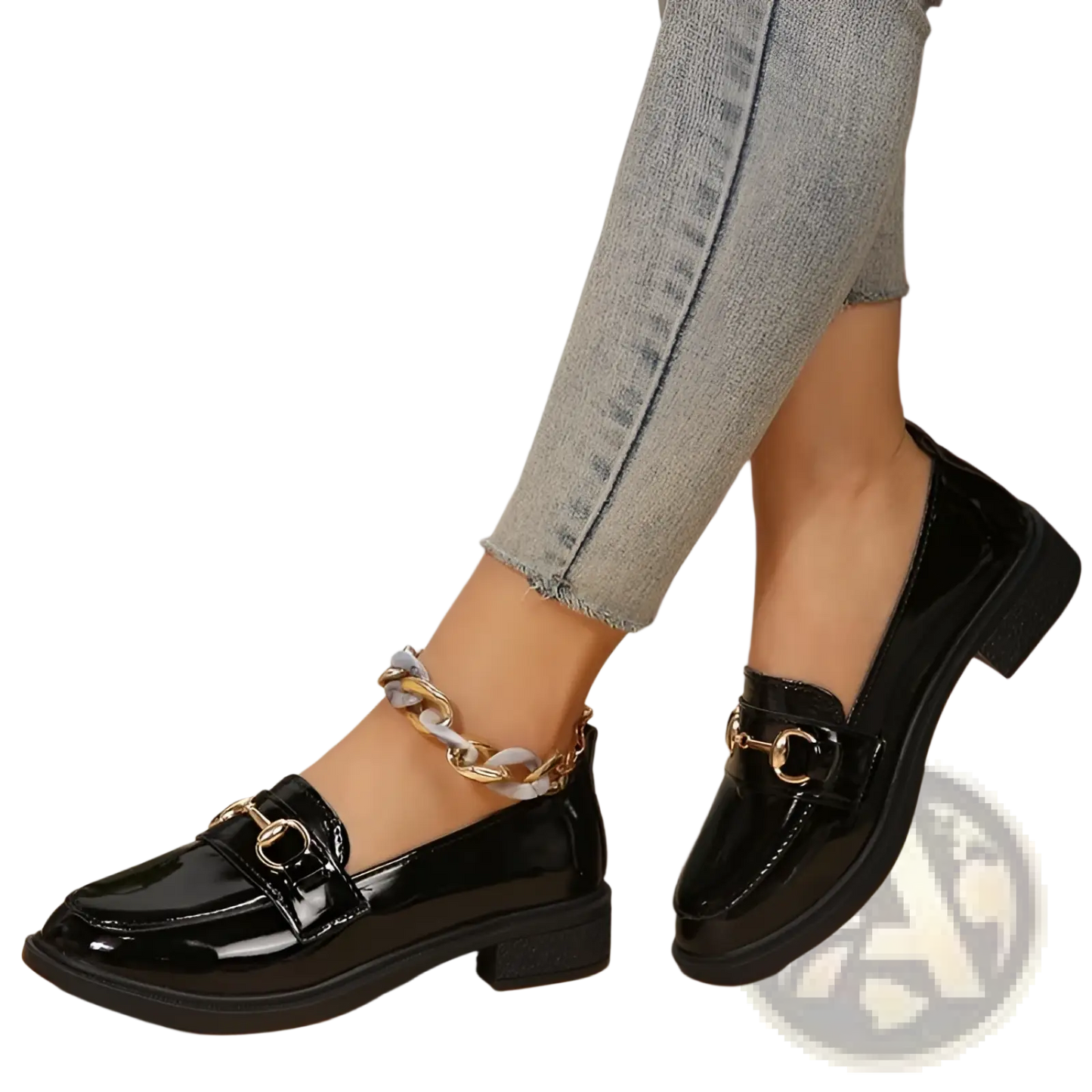 Women Leather Loafers Horsebit Chunky Heel Shoes
