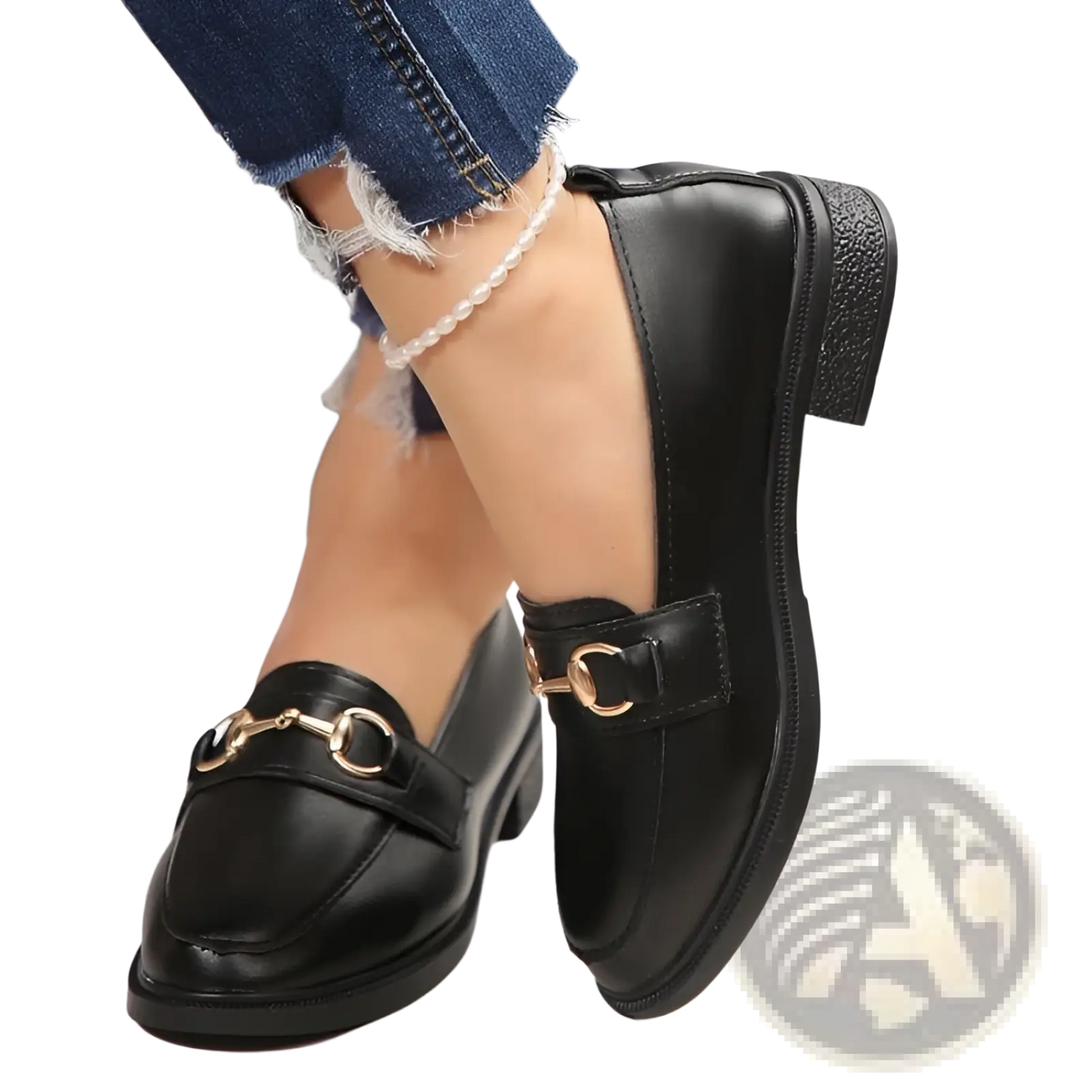 Women Leather Loafers Horsebit Chunky Heel Shoes