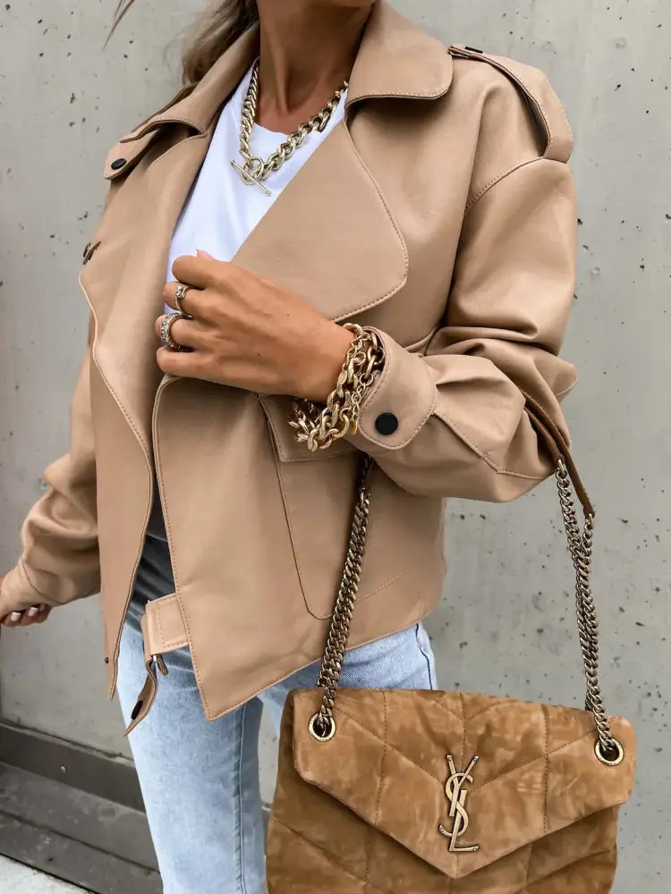 Women's Relaxed Beige Faux Leather Jacket with Pockets