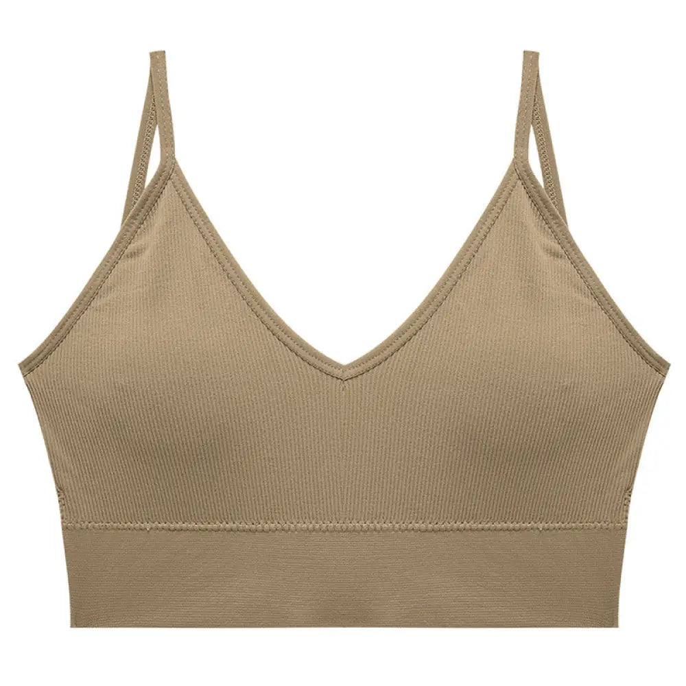 Seamless v Neck Ribbed Tube Top Bra with Adjustable Straps