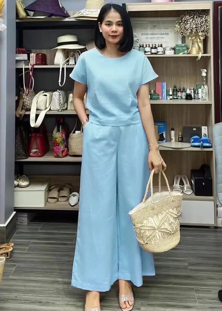 Light Blue Linen Short Sleeve Wide Leg Pant Set