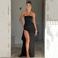 Strapless Pleated Maxi Gown with High Slit and Ruched Bodice