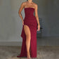 Strapless Pleated Maxi Gown with High Slit and Ruched Bodice