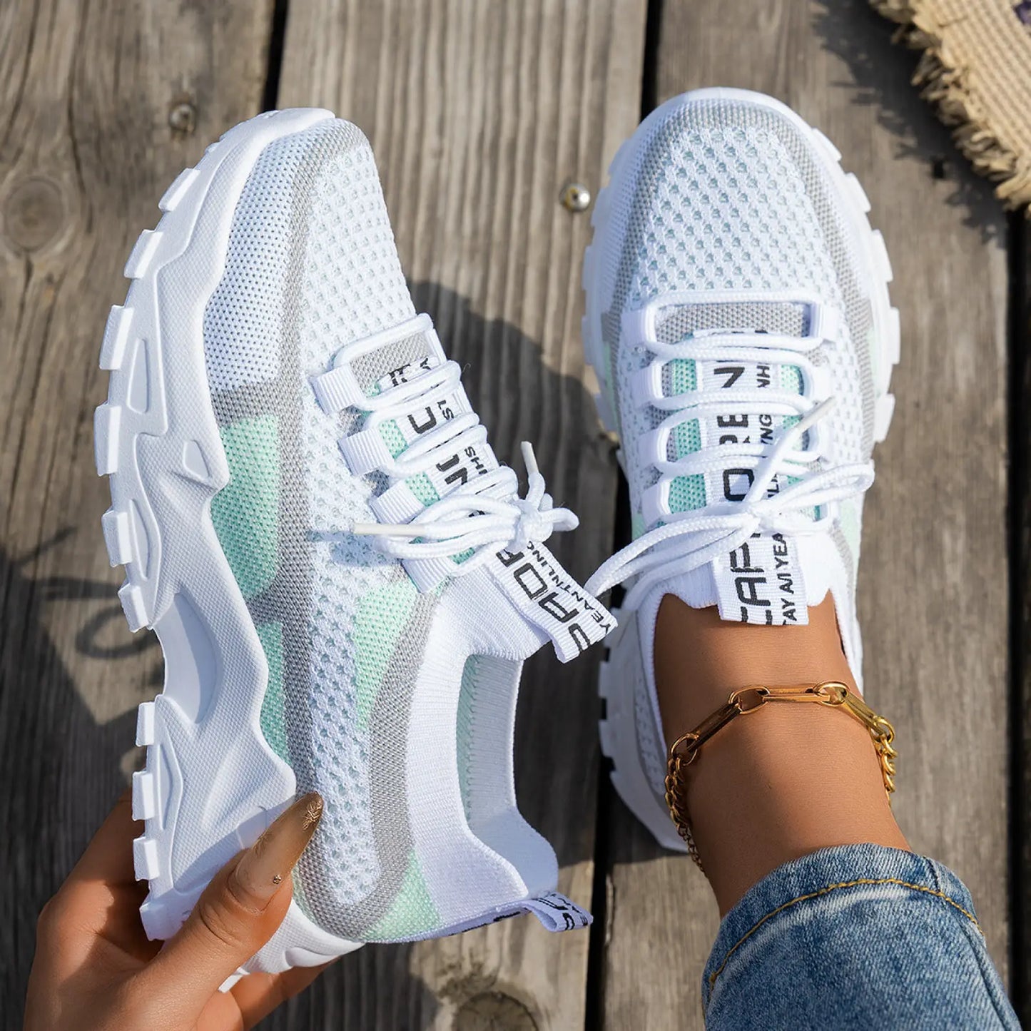 Women's Breathable Flyknit Mesh Lace-up Walking Sneakers