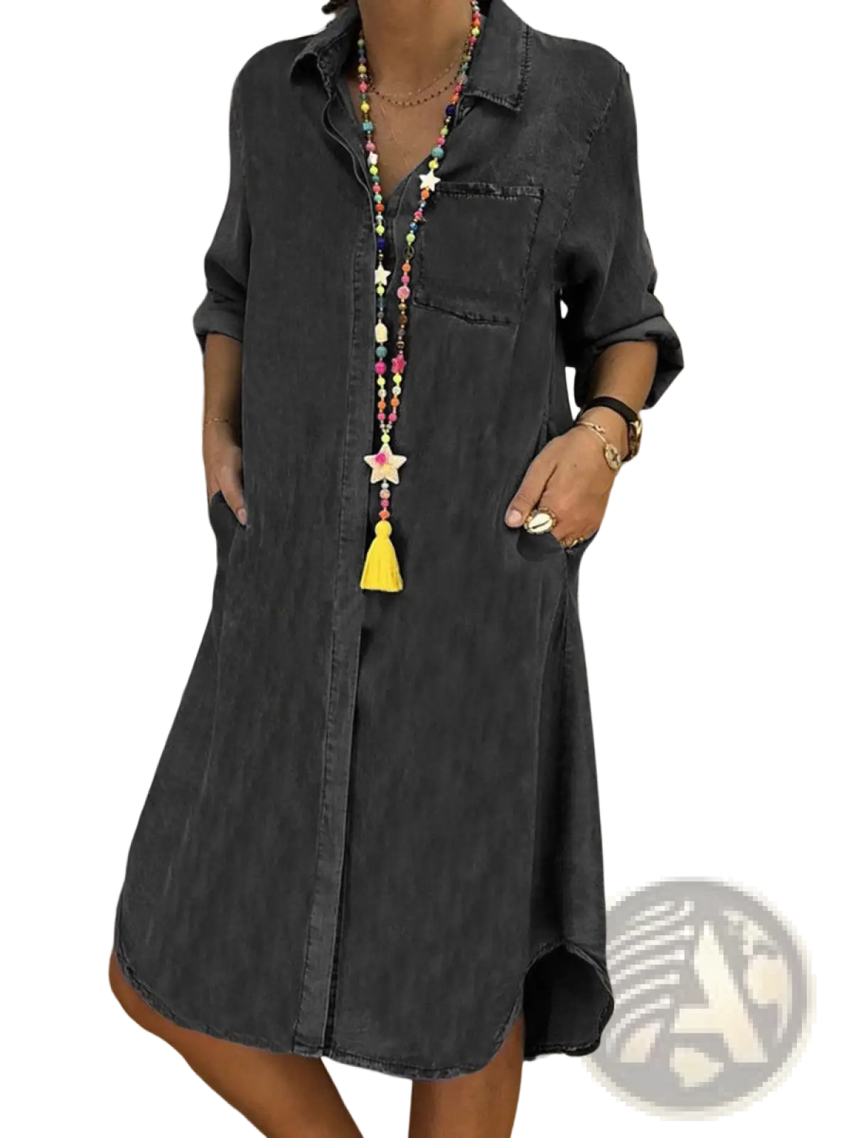 Women's Button Front Denim Shirt Dress with Rolled Sleeves