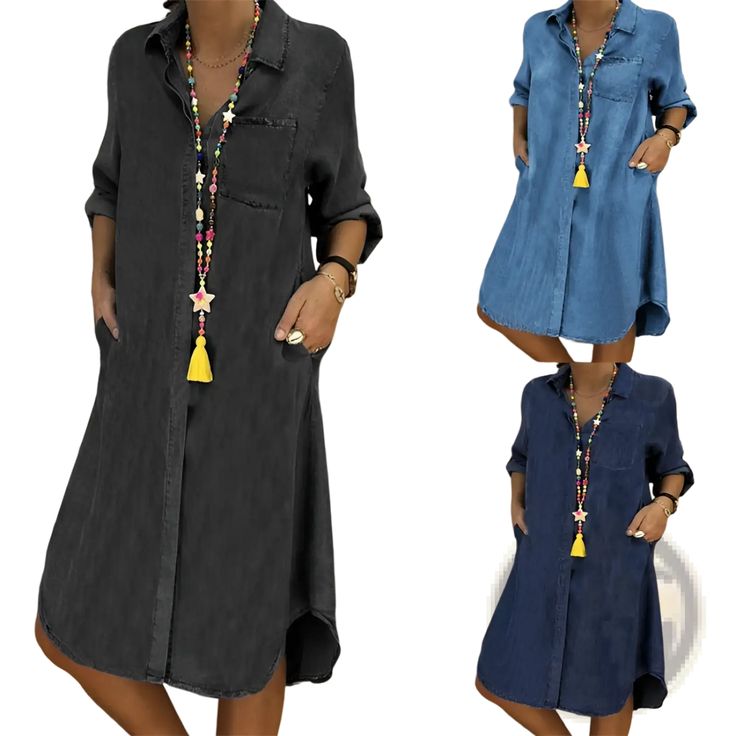 Women's Button Front Denim Shirt Dress with Rolled Sleeves