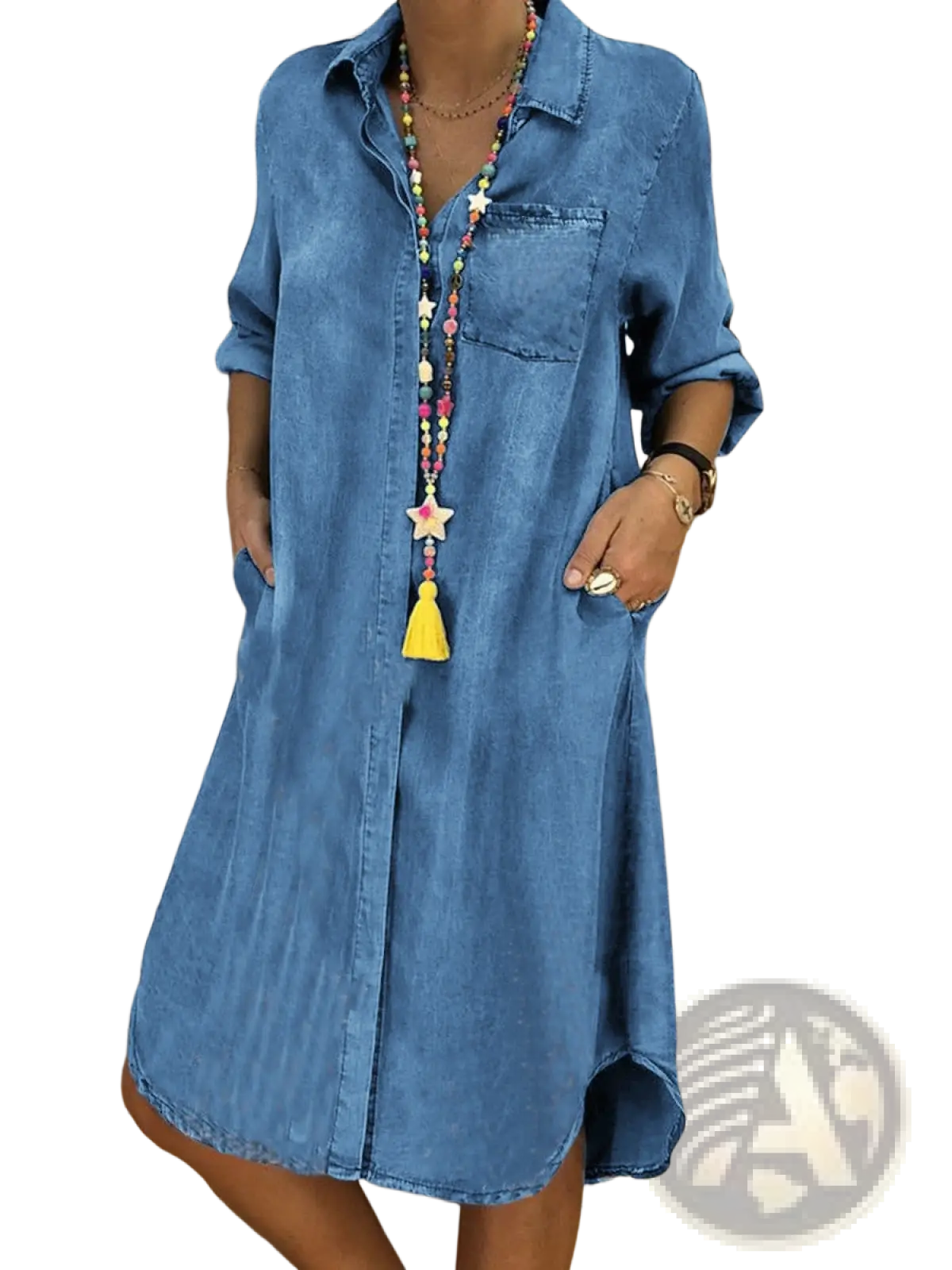 Women's Button Front Denim Shirt Dress with Rolled Sleeves