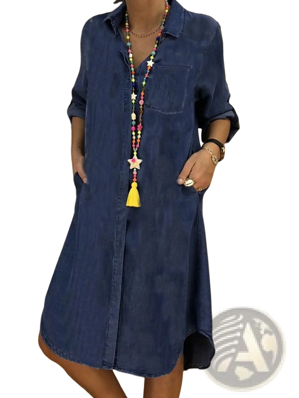 Women's Button Front Denim Shirt Dress with Rolled Sleeves