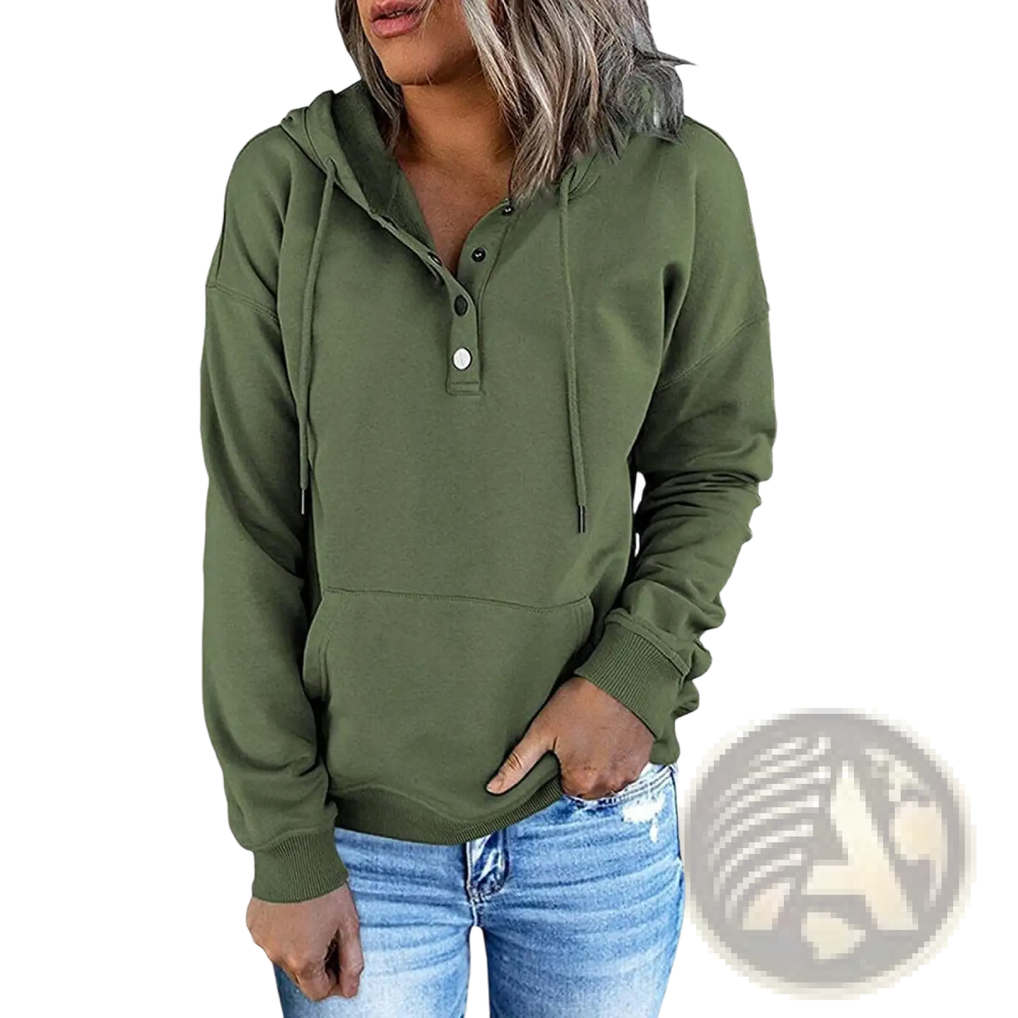 Women's Button Neck Drawstring Hooded Sweatshirt