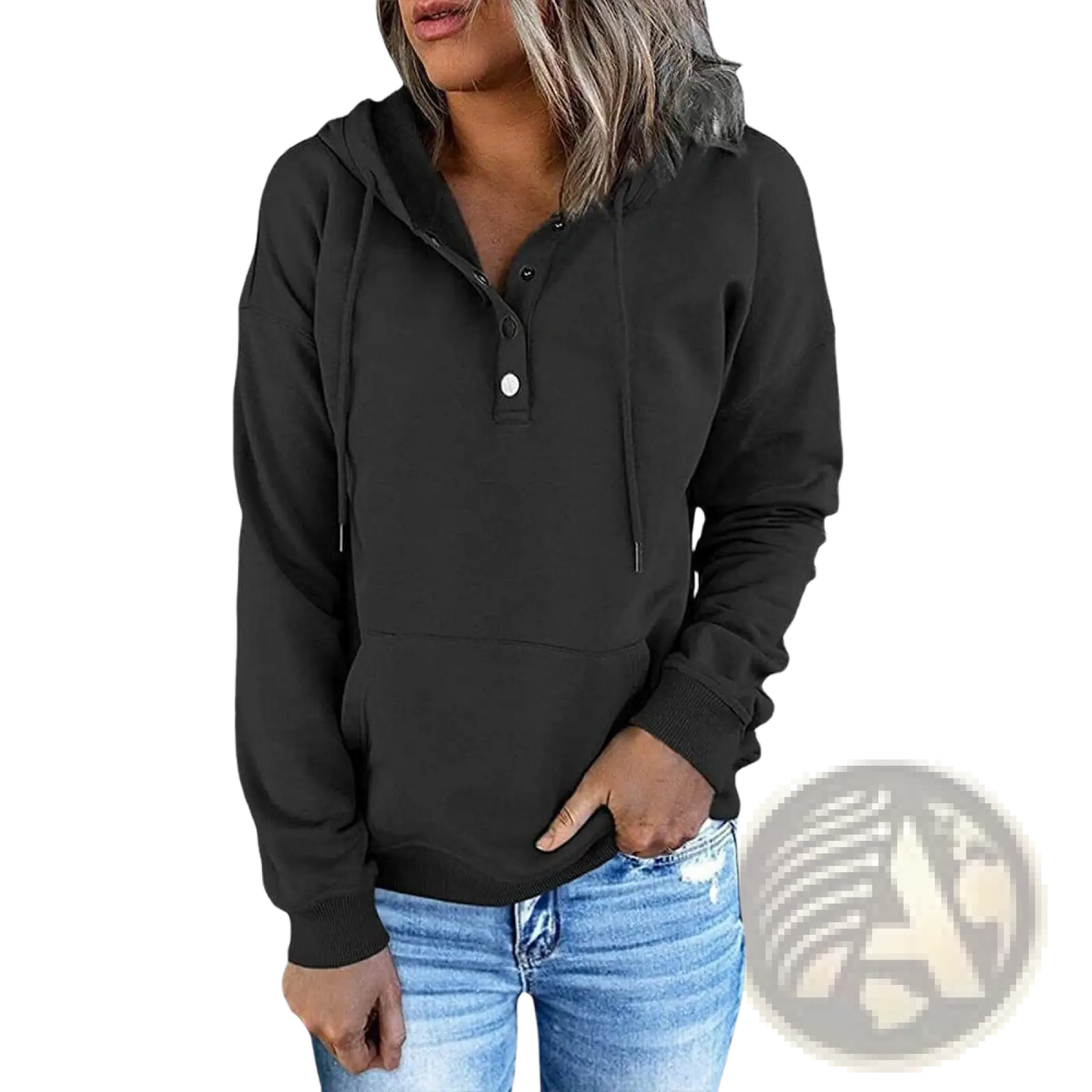 Women's Button Neck Drawstring Hooded Sweatshirt