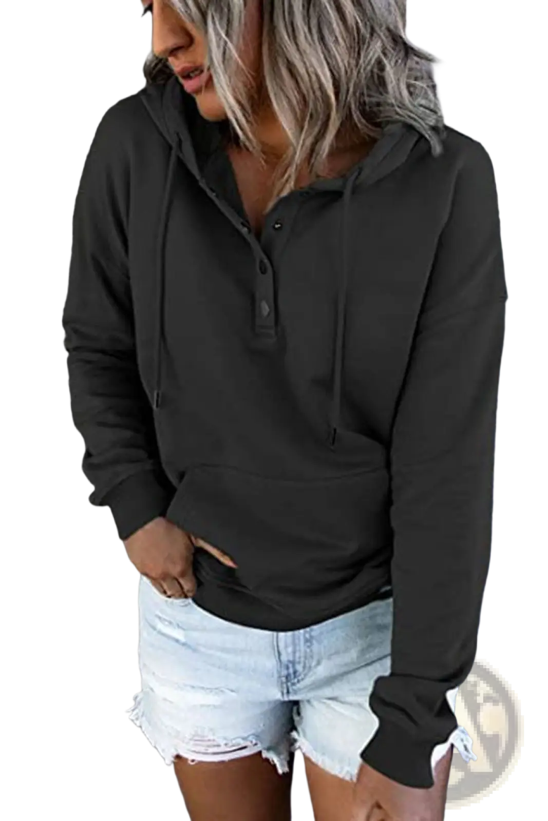Women's Button Neck Drawstring Hooded Sweatshirt