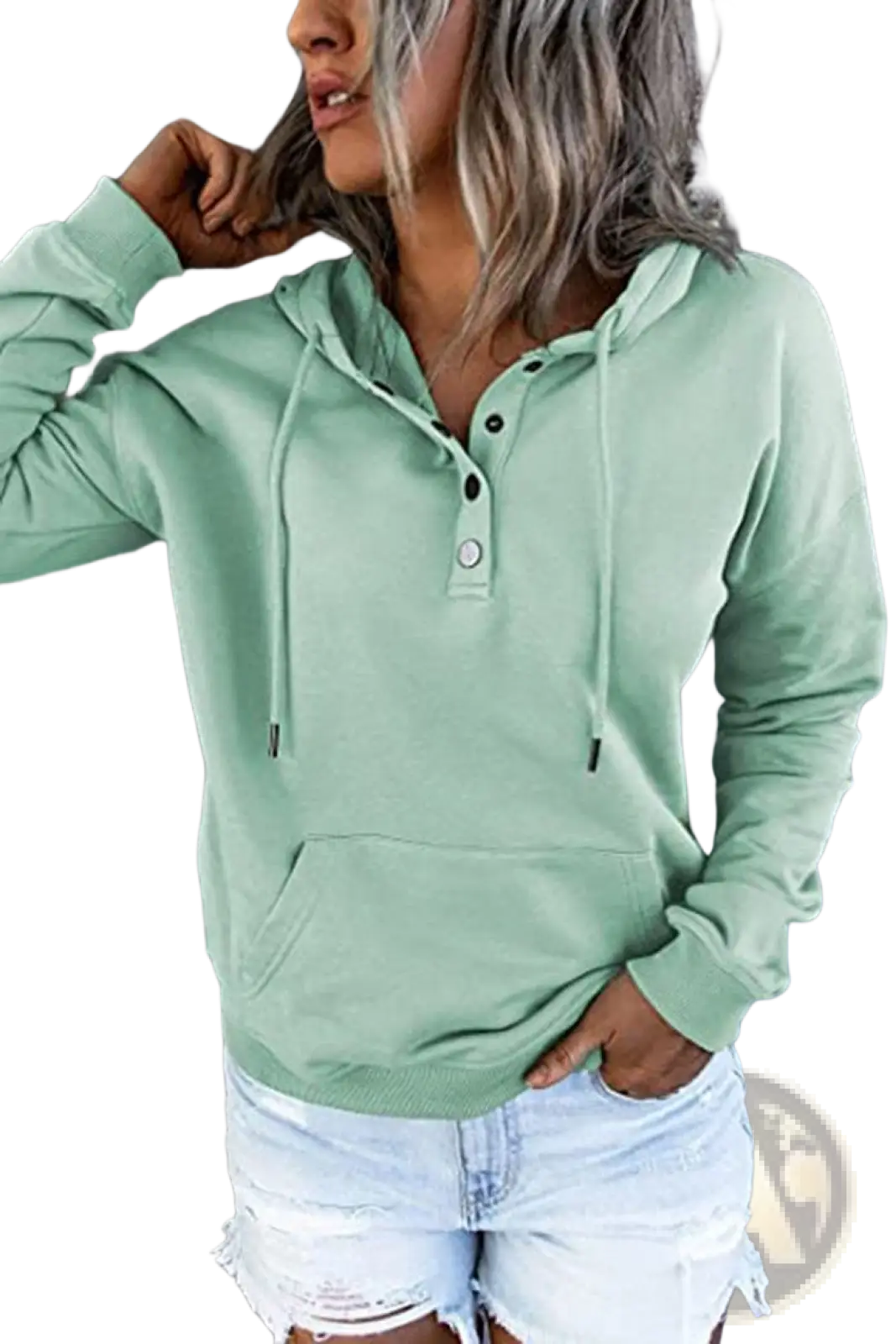 Women's Button Neck Drawstring Hooded Sweatshirt