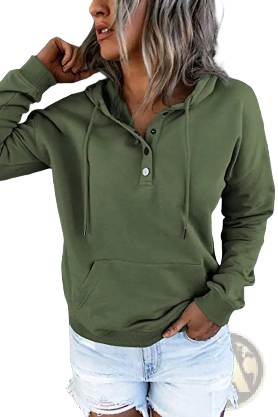 Women's Button Neck Drawstring Hooded Sweatshirt