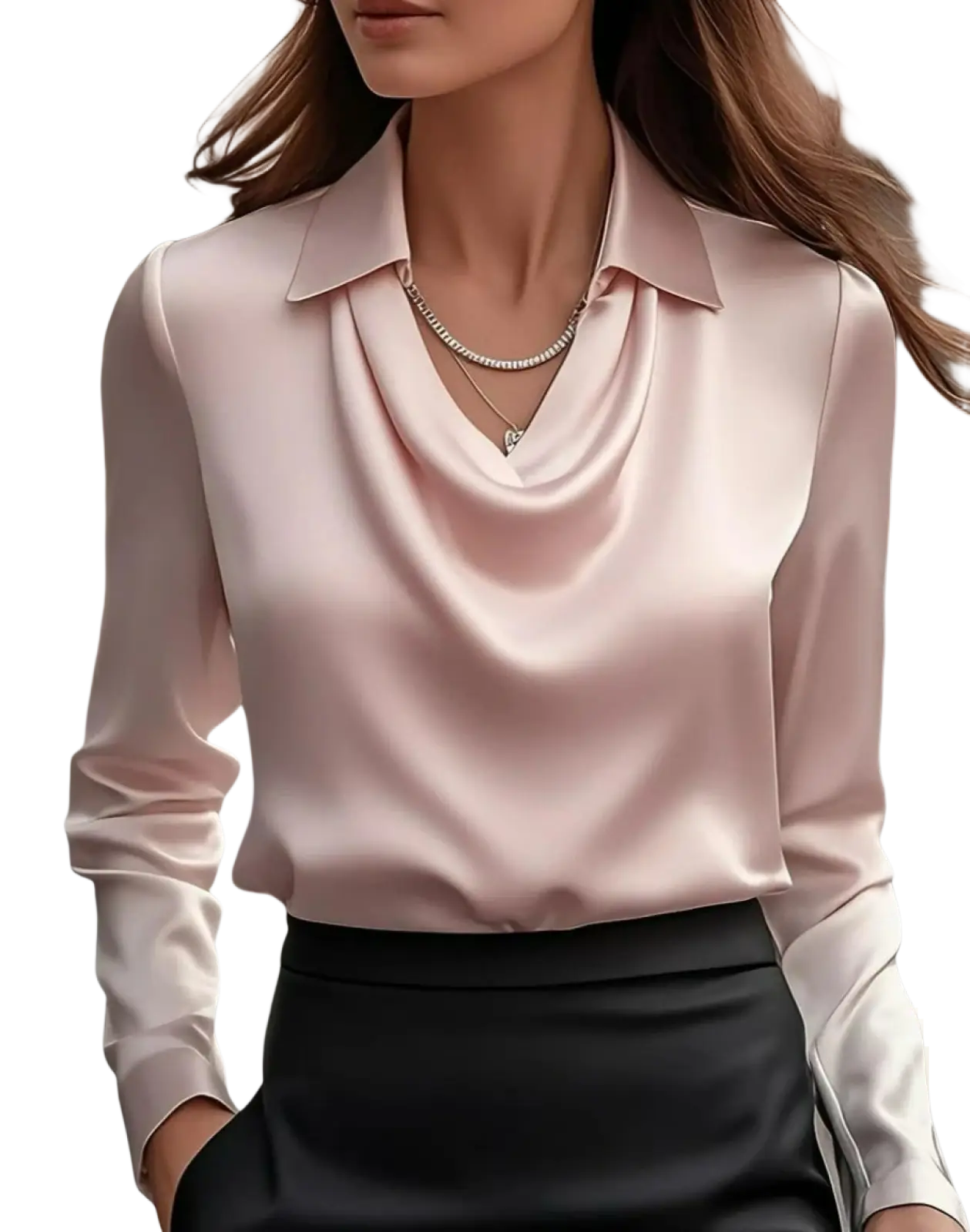 Women's Elegant Cowl Neck Satin Long Sleeve Blouse