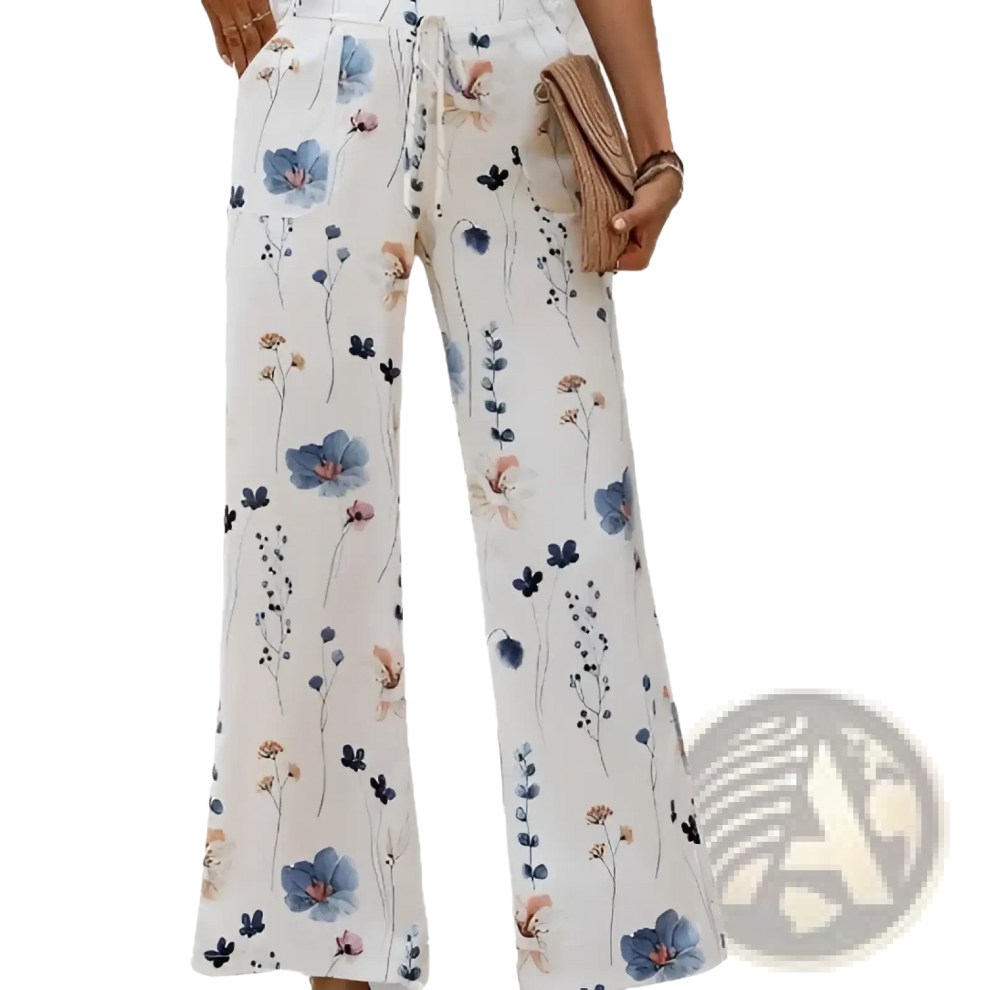Women's Floral Print Cotton Linen Wide Leg Trousers