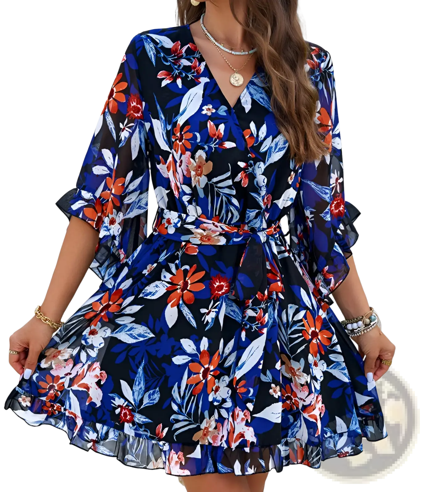 Women's Floral V-neck Ruffle Dress with Waist Tie