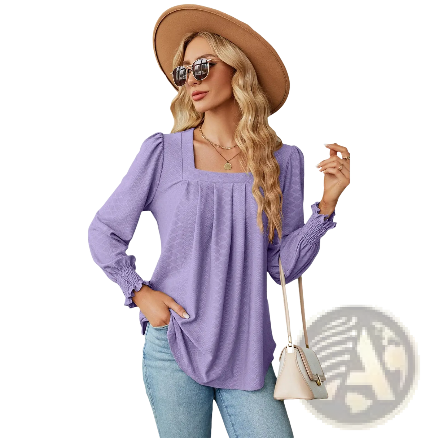 Women's Jacquard Square Neck Pleated Swallowtail Blouse