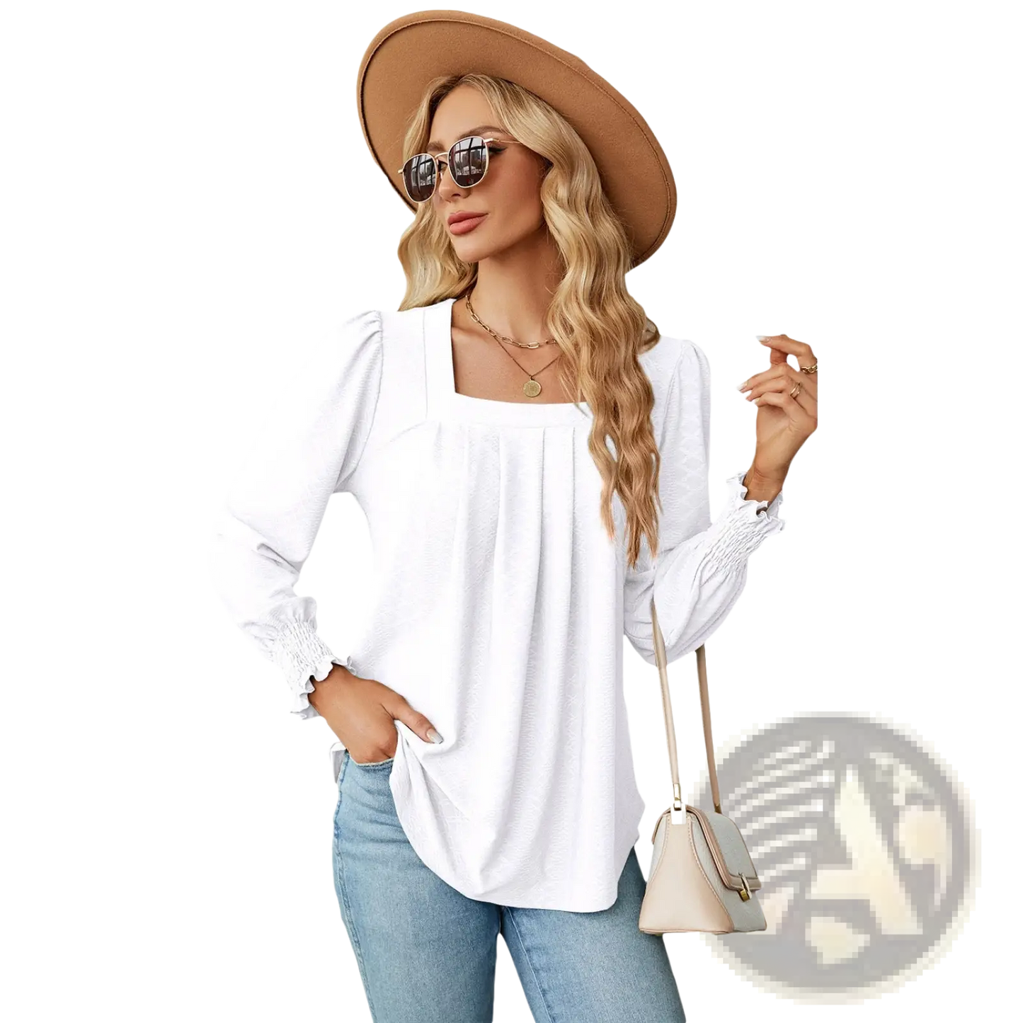 Women's Jacquard Square Neck Pleated Swallowtail Blouse