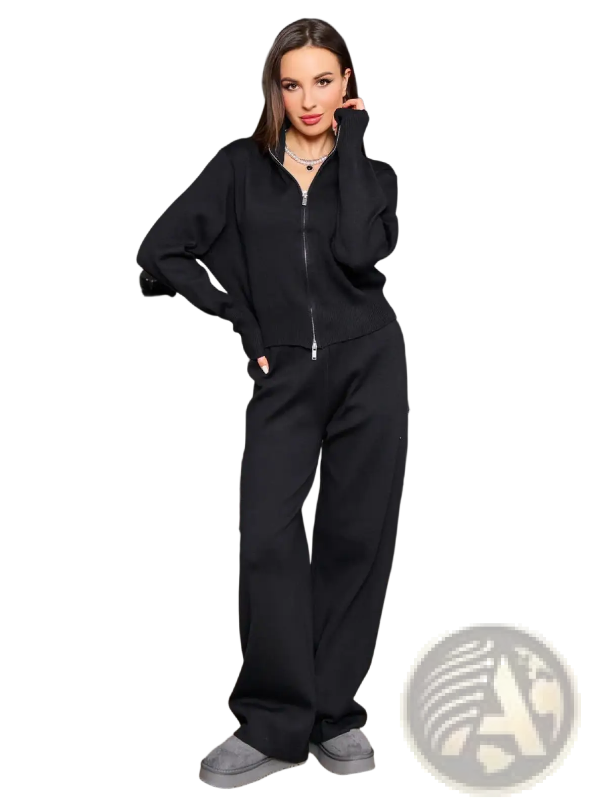 Women's Knit Zip Up Cardigan and Wide Leg Pant Set