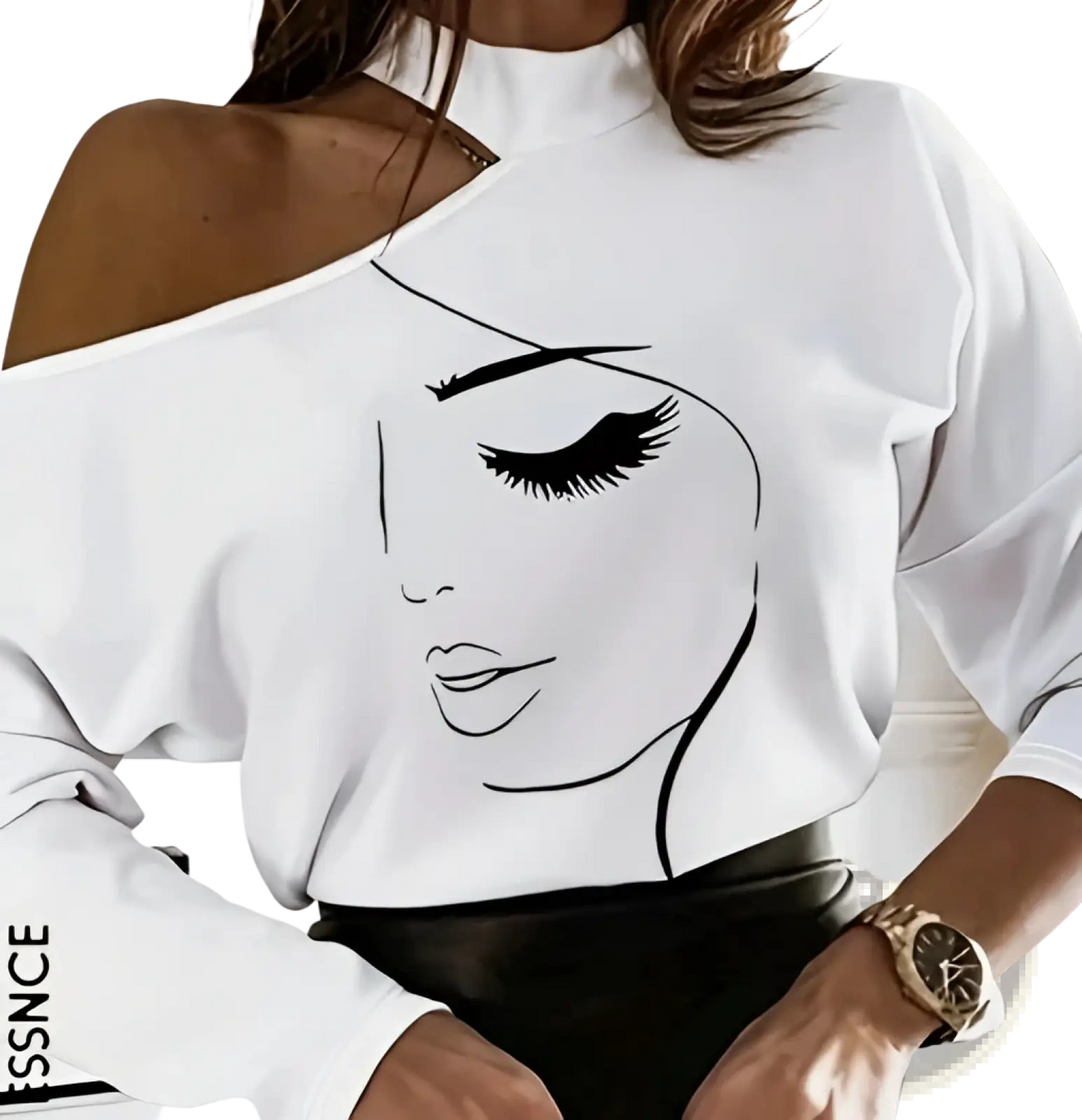 Women's Line Art Graphic Open Shoulder Long Sleeve Top