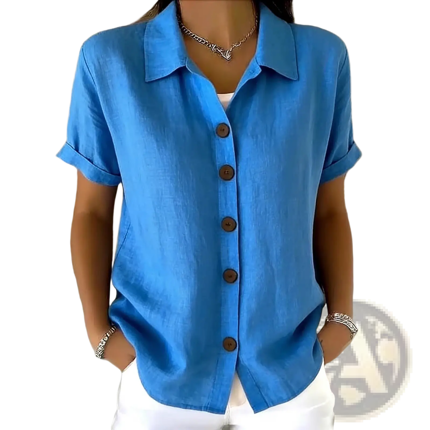 Women's Linen Blend Rolled Cuff Short Sleeve Shirt
