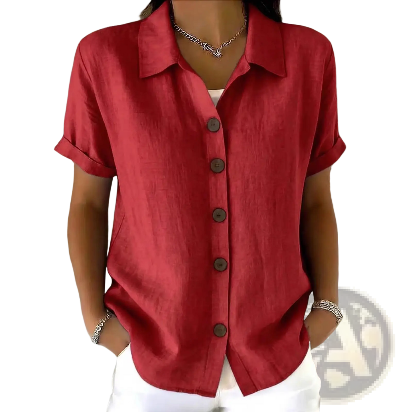 Women's Linen Blend Rolled Cuff Short Sleeve Shirt