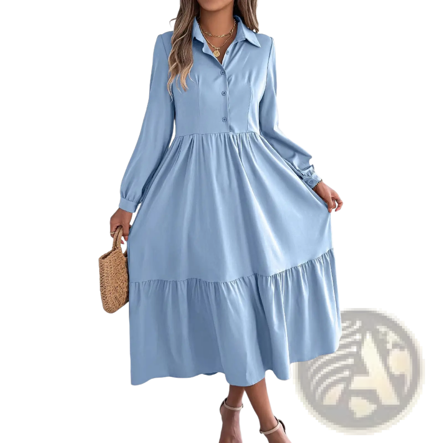 Women's Long Sleeve Tiered Button Down Midi Dress