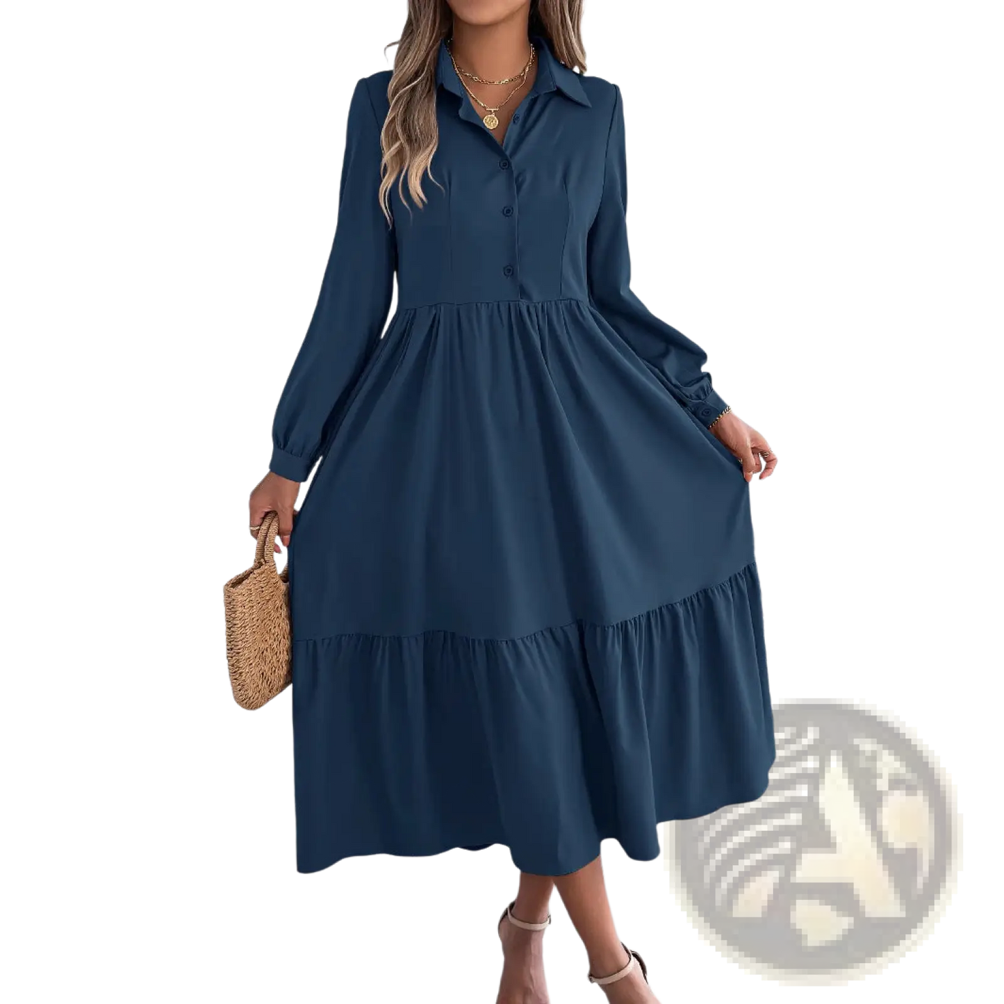 Women's Long Sleeve Tiered Button Down Midi Dress