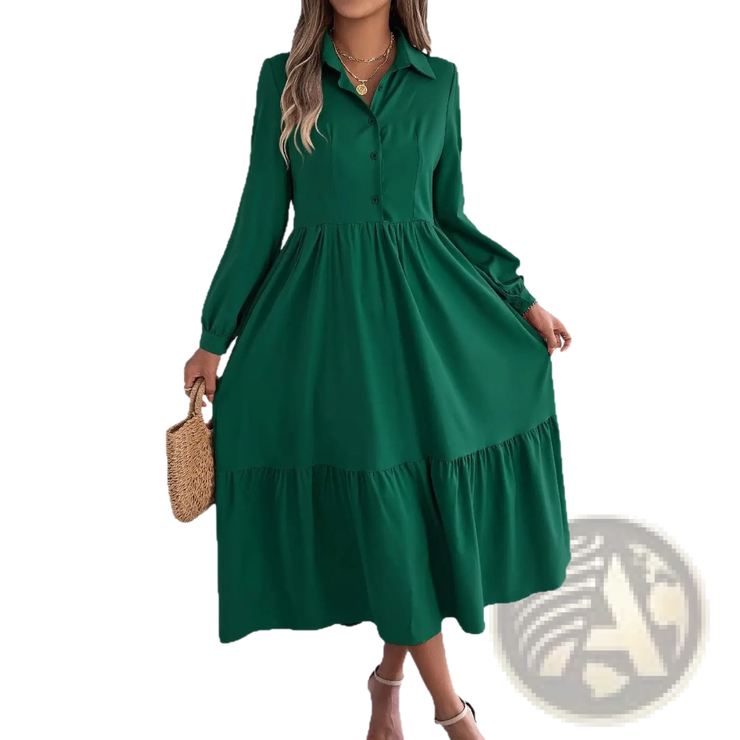 Women's Long Sleeve Tiered Button Down Midi Dress