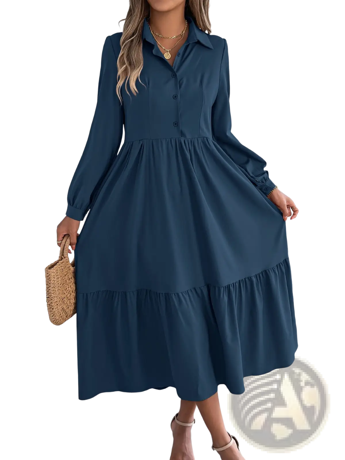 Women's Long Sleeve Tiered Button Down Midi Dress