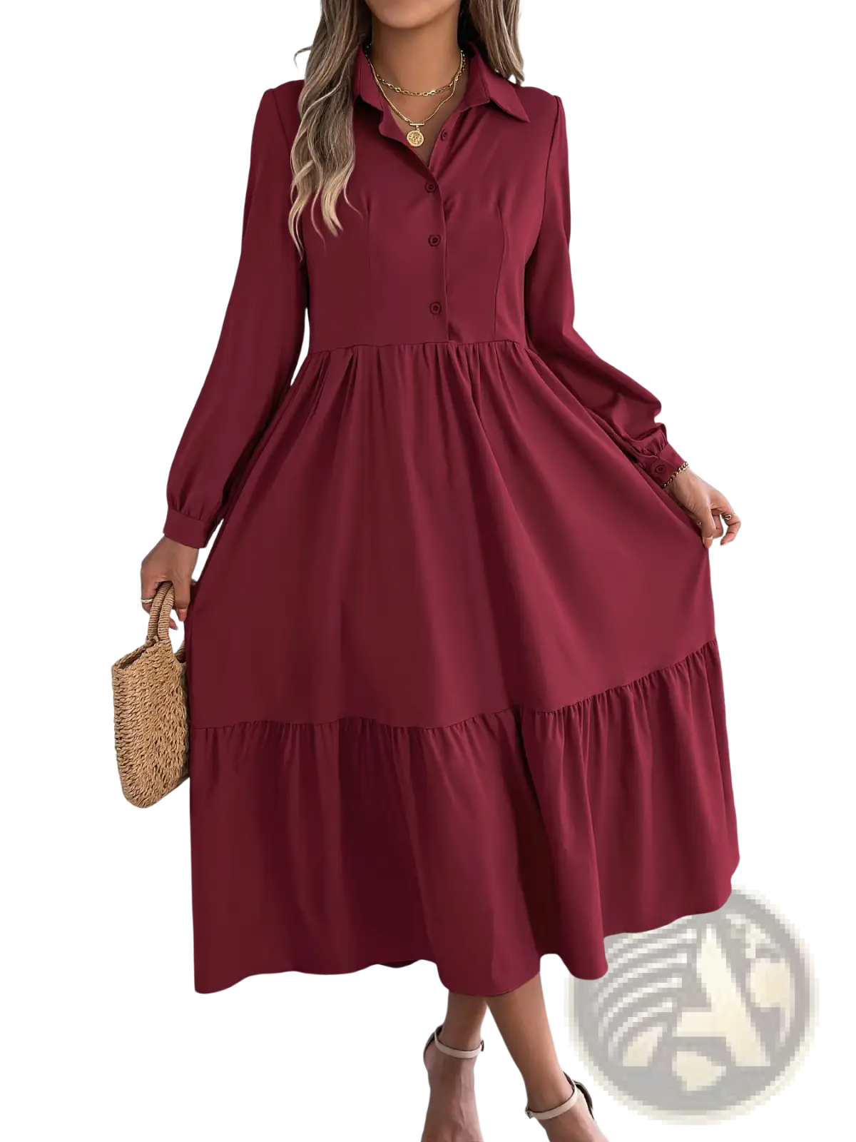 Women's Long Sleeve Tiered Button Down Midi Dress