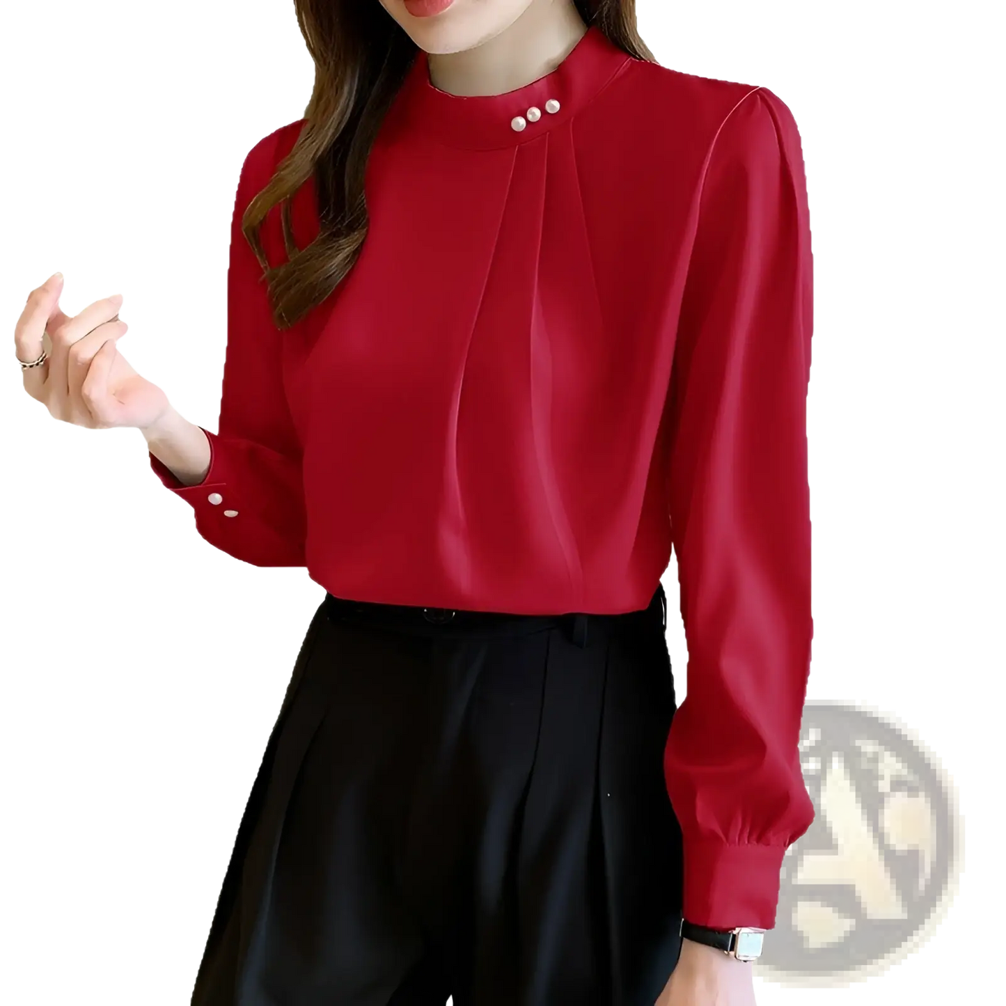 Women's Loose Satin Blouse with Pearl Button Accents