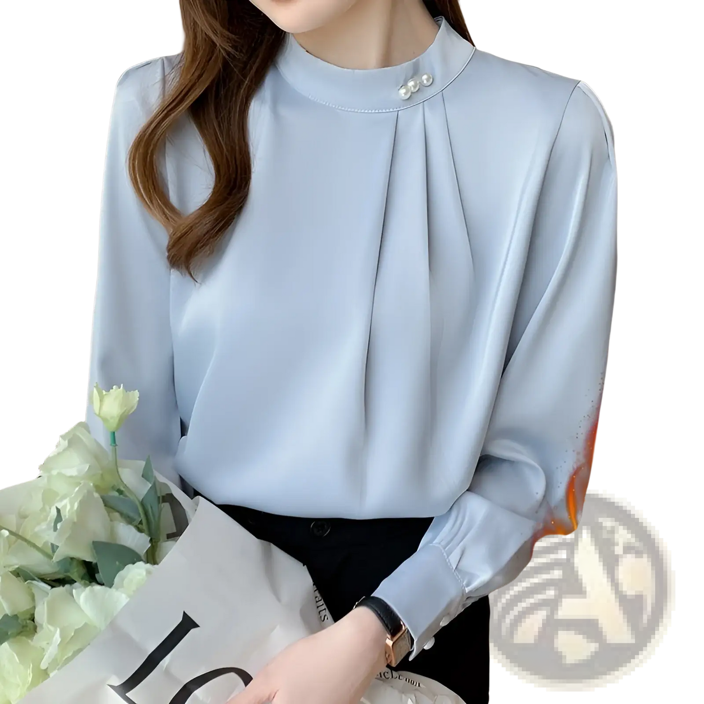 Women's Loose Satin Blouse with Pearl Button Accents